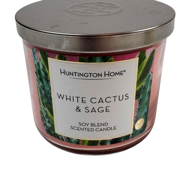 NEW Huntington Home White Cactus & Sage Soy Blend Scented Candle 14oz 3-Wick - Picture 1 of 7